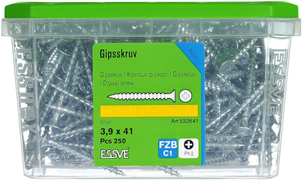 Transparent plastlåda med grönt lock innehållande 250 gipsskruvar, märkt "Gipsskruv 3,9 x 41".