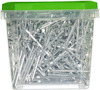 Transparent plastlåda med silverfärgade spikar och grönt lock.