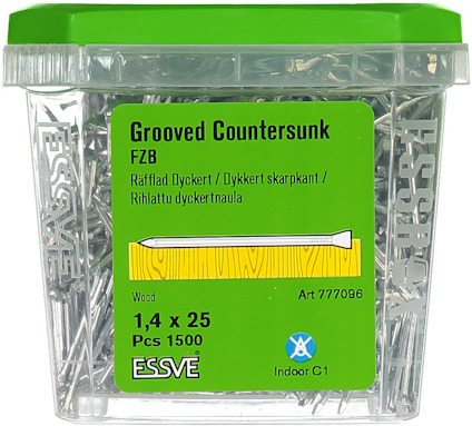 Plastförpackning med räfflade dyckertspikar, märkning "Grooved Countersunk FZB", 1,4 x 25 mm, 1500 st, varumärke Essve.