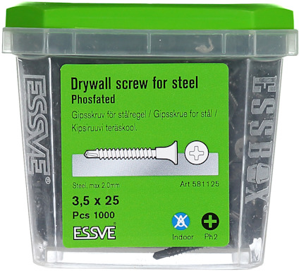 Förpackning med gipsskruv för stålregel, 3,5 x 25 mm, 1000 st, Essve.