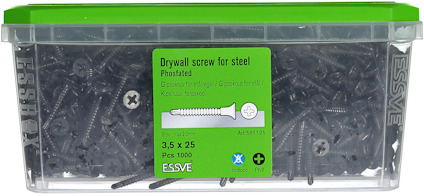 Förpackning med gipsskruvar för stål, fosfaterade, storlek 3,5x25 mm, 100 stycken.