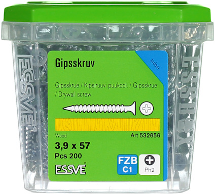 Förpackning med gipsskruv från Essve, storlek 3,9 x 57 mm, 200 stycken, artikelnummer 532656.