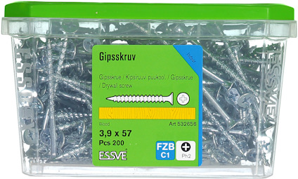 Förpackning med 200 gipsskruvar, 3,9 x 57 mm. Märkt Essve, FZB C1, Ph2, art 532656.