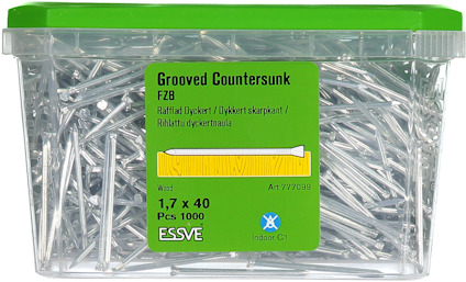 Plastburk med groovade försänkta spikar, 1,7x40 mm, 1000 st, märkt Essve, grön lock.