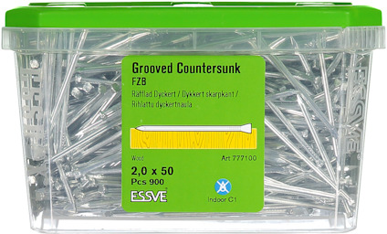 Låda med 900 räfflade dykertspik, 2,0 x 50 mm, märkt "Grooved Countersunk FZB", Essve.