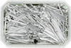 Metallspikar i en rektangulär plastbehållare.