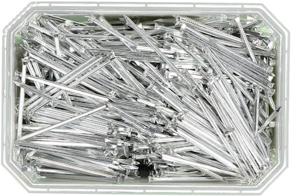 Metallspikar i en rektangulär plastbehållare.