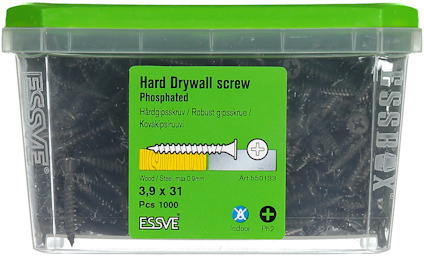 Plastlåda med 1000 gipskruvar, 3,9 x 31 mm, från Essve.