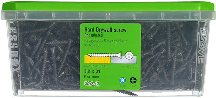 Förpackning med 1000 gipsskruvar, Essve, 3.9 x 31 mm, fosfaterade.