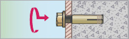 Illustration av en skruv som fästs i betong med en pil som visar rotationsriktning.