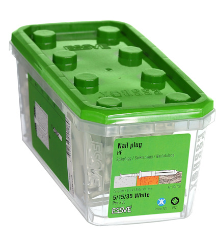 Grön plastbehållare med spikpluggar märkta "Nail plug HF 5/15/35 White" från ESSVE.