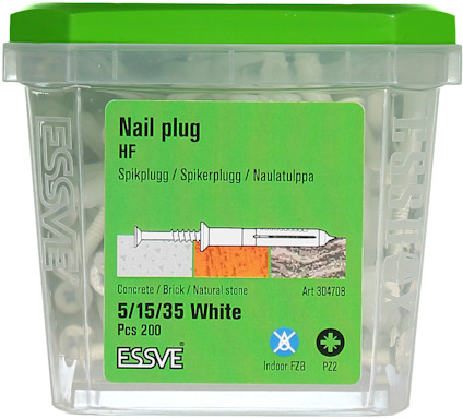 Förpackning med spikplugg, ESSVE, 5/15/35 White, 200 stycken.