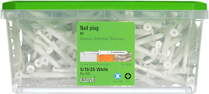 Transparent förpackning med vita spikpluggar från ESSVE, modell HF 5/15/35, med grön etikett och lock.