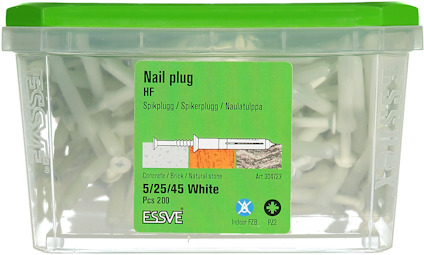 Förpackning med vita spikpluggar för betong, tegel och natursten från varumärket ESSVE. Innehåller 200 stycken.