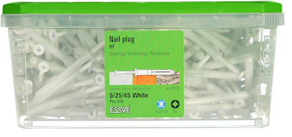 Plastlåda med vita spikplugg, etikett med texten: "Nail plug HF, 5/25/45 White, pcs 200, ESSVE".