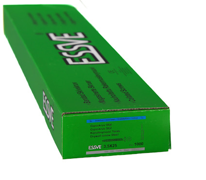 Grön förpackning med ESSVE 3.5x25 gipsskruv, antal 1000, text på svenska, finska och engelska.