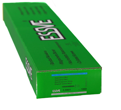 Grön kartong med texten "ESSVE Gipskskruv Stål 3,5X41" och antal 1000.