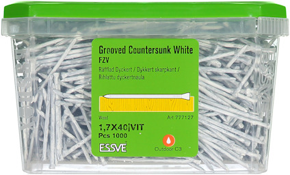 Plastlåda med 1000 vita 1,7x40 mm skruvar, märkt "ESSVE Art 2771127".