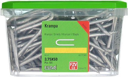 Transparent plastförpackning med metallkramlor, etikett beskriver detaljer: 3,75x50 mm, 120 st, ESSVE, art 1771340.