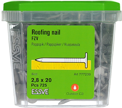 Plastlåda med grönt lock innehållande 725 takspik, 2,8 x 20 mm, märkning "ESSVE".