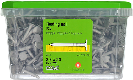 Plastlåda med takspik, etikett med text: "Roofing nail, 2,8 x 20 mm, 725 st, ESSVE".