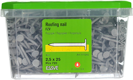 Plastlåda med 720 stycken 2,5 x 25 mm takspik av märket Essve.