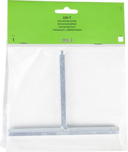 Förpackning med Essves universell nyckel UN-T på grön bakgrund med fyra språk.