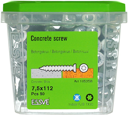 Plastburk med grönt lock innehållande betongskruv 7,5x112 mm, 50 stycken. Texter på engelska och flera språk.