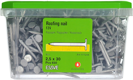 Plastlåda med 650 takspikar, storlek 2,5 x 30. Märkning: FZV, ESSVE, Art 777244, Outdoor C3.
