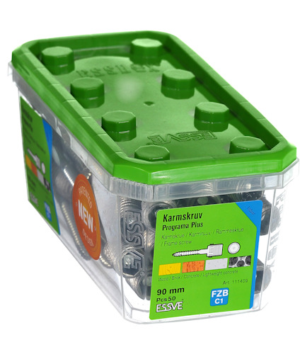 Förpackning med Karma-skruv från ESSVE, Programa Plus, 90 mm, 50-pack, grön lock, FZB C1.