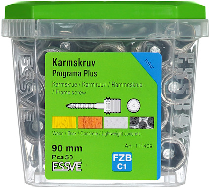 Förpackning med 50 ESSVE Karmsskruv, 90 mm, för trä, tegel och betong. Art: 111409.