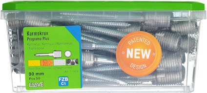 Förpackning med karmskruvar, 90 mm, 50 st från Essve, med orange märkning "Patented New".