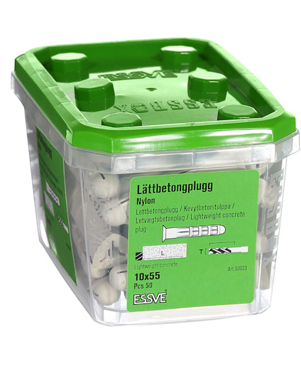 Plastförpackning med grön lock innehållande lättbetongplugg av märket ESSVE, 10x55 mm, 60 stycken. Art nr 50003.