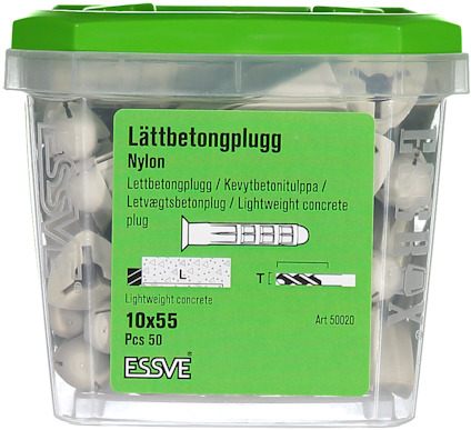 Förpackning med 50 lättbetongpluggar av nylon, 10x55 mm, varumärke ESSVE.