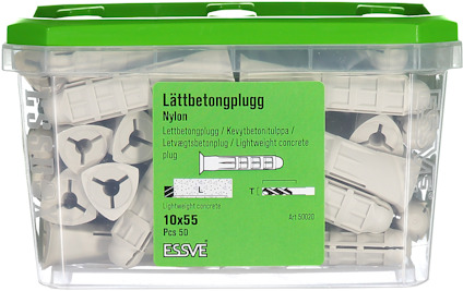 Plastlåda med 50 stycken ESSVE lättbetongpluggar, 10x55 mm i nylon med grön lock.