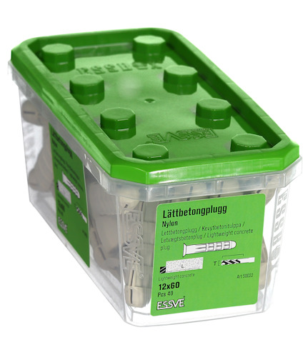 Förpackning med grönt lock innehållande lättbetongplugg, märkning: "12x60" och "ESSVE".
