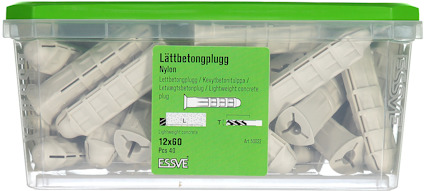 Låda med vita lättbetongpluggar i nylon från ESSVE, storlek 12x60 mm, 50 st.