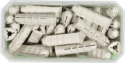Plastpluggar i en rektangulär transparent plastlåda.