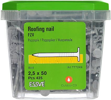 Plastlåda med Essve takspik, etikett med text: "Roofing nail FZV 2,5 x 50, PCS 425, Art 777249, Outdoor C3".