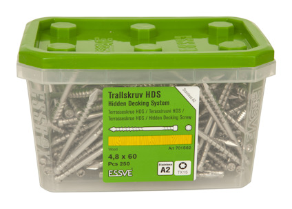 Plastlåda med 250 trallskruvar HDS från Essve, storlek 4,8 x 60 mm, med grön lock.