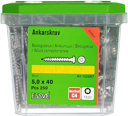 Plastburk med 250 ankarskruvar, 5,0 x 40 mm, Essve CorSeal C4 TX20. Grön etikett med illustration av skruv.