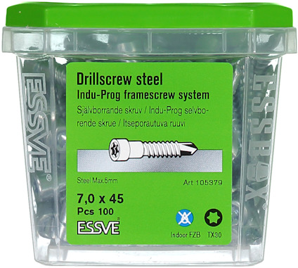 Plastlåda med Essve självborrande skruvar, 7x45 mm, 100 st. Grön lock med produktinformation.