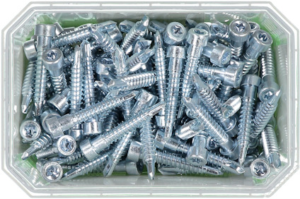 En plastlåda fylld med silverfärgade skruvar.