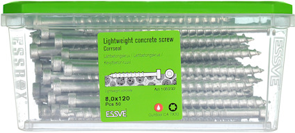 Förpackning med lättbetongskruvar, 8,0x120 mm, 50 st. Märkningen inkluderar "Corrseal" och "Outdoor C4".