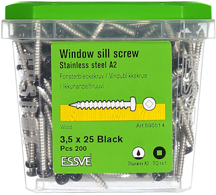 Plastlåda med 200 svarta fönsterbleckskruvar, 3,5 x 25 mm, rostfritt stål A2, av märket ESSVE.