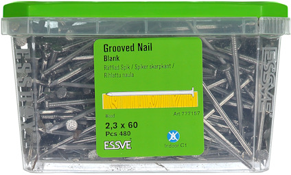 Förpackning med spik, 2,3 x 60 mm, 480 st, märkt ESSVE, grön lock.