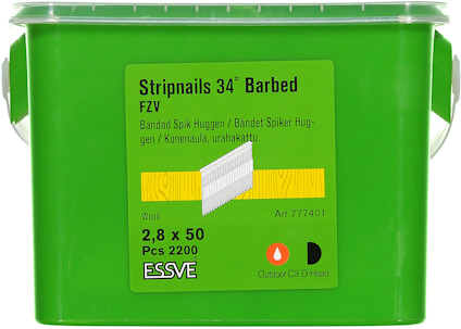 Grön förpackning med Stripnails 34° Barbed, 2,8 x 50 mm, 2200 st. Märkt Essve, artikelnummer 777401, Outdoor C3 D-Head.