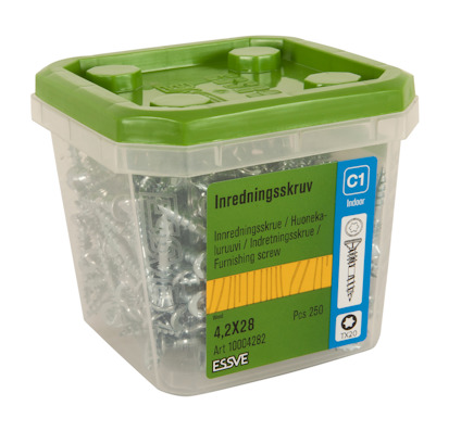 Plastförpackning med inredningsskruv, 4,2x28 mm, 250 st, Essve, grön lock.