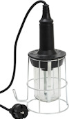 Gummihandlampa med svart kabel och metallbur, samt en europisk stickpropp.