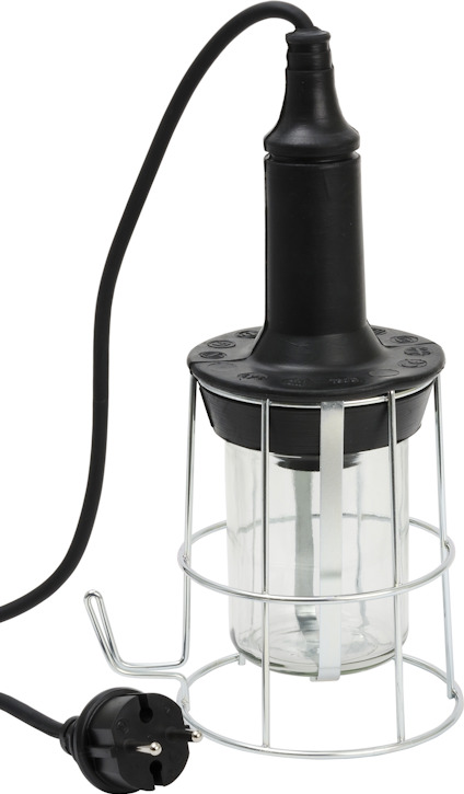 Gummihandlampa med svart kabel och metallbur, samt en europisk stickpropp.